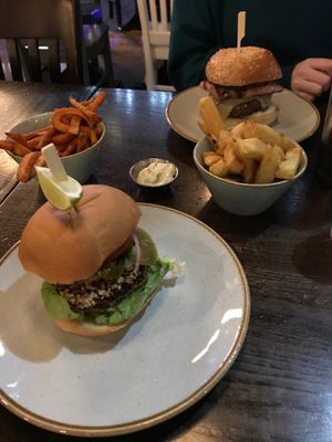 Veg-Mex burger with hand cut chips and sweet potato fries at Handmade Burger Co - Bullring in Birmingham