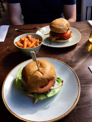 Falafel burger, sweet potato fries and mushroom and ch**se burger  at Handmade Burger Co - Bullring in Birmingham