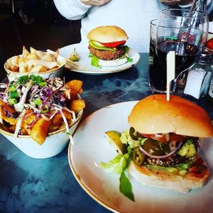 Veg-Mex burger with hipster chips (minus the mayo). Yummy, would recommend! :) at Handmade Burger Co in Peterborough