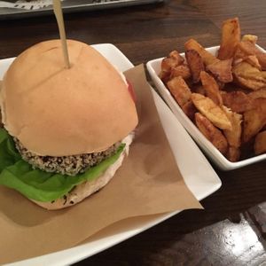 Sweet potato and bean burger with chips  at Handmade Burger Co. in Hull