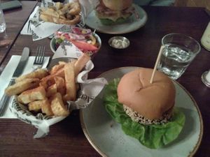 Sweet potato and bean burger in a not so vegan bap at Handmade Burger Co. in Hull