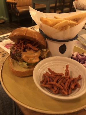 Beyond Burger cheeseburger with added vegan bacon pieces at Faro Lounge in Lichfield