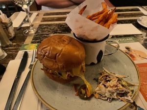 Vegan burger with sweet potato fries   at Faro Lounge in Lichfield