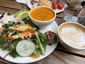 Baker’s lunch made vegan!! Avocado tartine; tomato and roasted pepper soup; salad; side of babaganoush; and hot beverage of almond milk latte (HKD138) at Le Pain Quotidien - The Avenue in Hong Kong Island