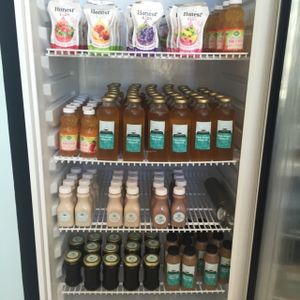 Drink section with our homemade cold brew coffee sweetened with datesz homemade strawberry, chocolate, and vanilla flax milks. And homemade kombucha  at Blondie's Vegan in Boynton Beach