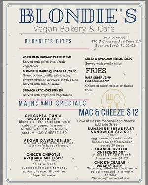 Menu front  at Blondie's Vegan in Boynton Beach