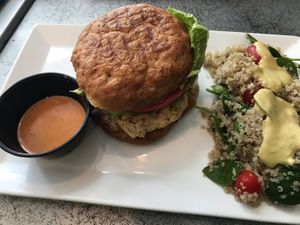 Chik’n Chipotle Avocado sandwich with quinoa salad on the side at Blondie's Vegan in Boynton Beach