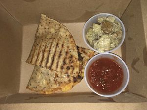 Vegan quesadilla and potato salad... soooo amazing! at Blondie's Vegan in Boynton Beach