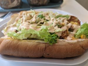 "Chicken" baguette. at Vegan Kiosk in Bratislava