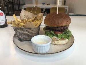 Beyond burger with fries  at Vegan Kiosk in Bratislava