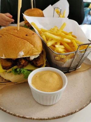 The Slovakian burger with fries and a chipotle dressing. at Vegan Kiosk in Bratislava