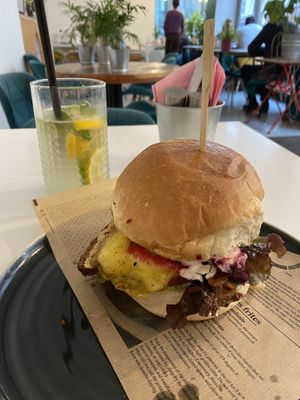 Burger and drink  at Vegan Kiosk in Bratislava