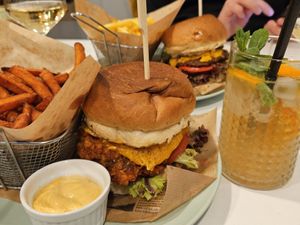 KFC burger in the front, beyond burger in the back at Vegan Kiosk in Bratislava