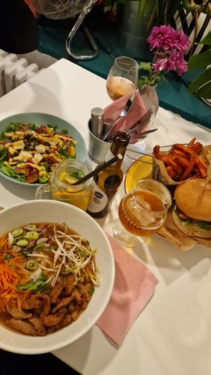 Pho, pumpkin salad, vlad tempeh burger at Vegan Kiosk in Bratislava