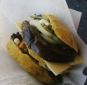 the double burger w/ grilled eggplant and vegan cheese at Vegan Kiosk in Bratislava