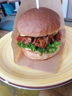 Seitan burger at Vegan Kiosk in Bratislava