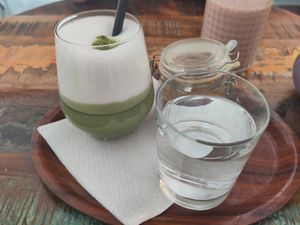 Matcha latte at Vegan Kiosk in Bratislava