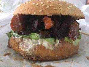Create your own burger with facon base and extra carrots at Vegan Kiosk in Bratislava