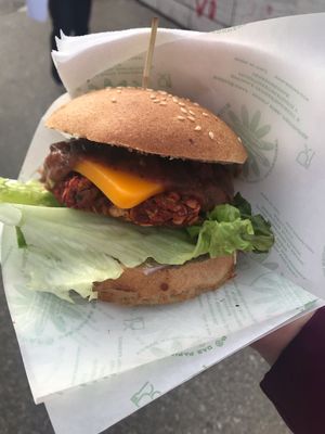 Classic burger with cheese... tastes great!  at Vegan Kiosk in Bratislava