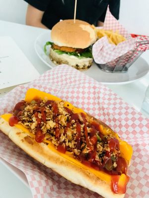 one of the burgers and coyotte hot-dog at Vegan Kiosk in Bratislava