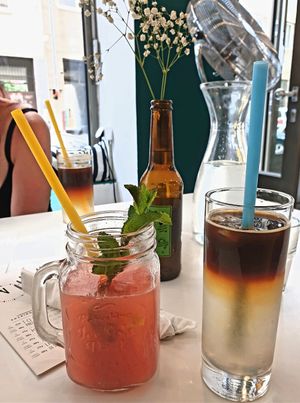 Tonic espresso and homemade strawberry lemonade. at Vegan Kiosk in Bratislava