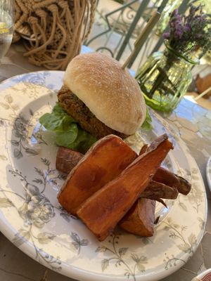 Very tasty home made Vegan burger  at Aubergine in Ibiza