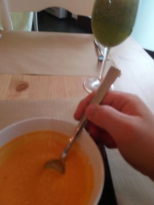 tomato soup and a gren juice . what a taste  at Organic's in Sevilla