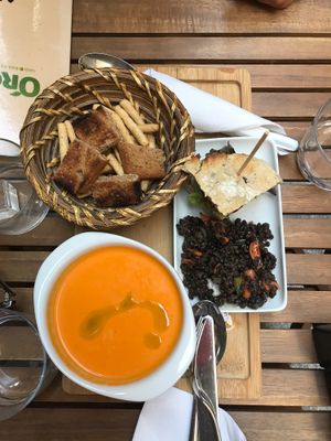 Gazpacho and Falafel mini burger tapas  at Organic's in Sevilla