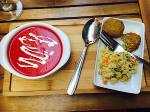 tapas of salmorejo and falafel  at Organic's in Sevilla