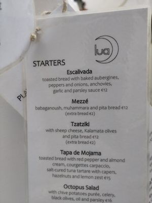 Menú - escalivada can be vegan, and mezzé at Lua in Cadaques