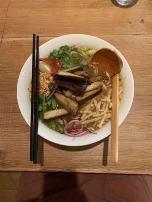 Sukiyaki ramen with aubergine (eggplant)  at NoodleOne in Bangor
