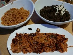 3 sides, Spanish rice, beans, sweet potato hash at Tocaya Modern Mexican in Venice