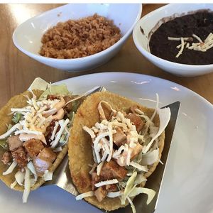 Baja chipotle tacos with adobo tofu, black beans and rice at Tocaya Modern Mexican in Venice