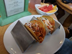 Baja Chipotle and Spicy Piña tacos with adobo tofu and vegan mozzarella at Tocaya Modern Mexican in Venice