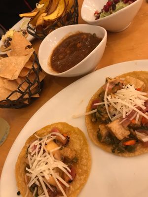 Vegan tacos (with vegan cheese) and sides at Tocaya Modern Mexican in Venice