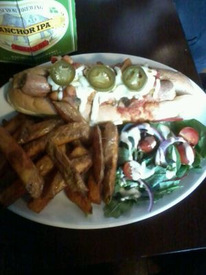 Vegetarian hotdog with chips and salad at The Central Bar in Gateshead