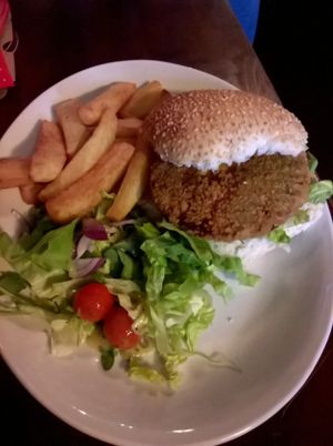 Vegan bean burger with chips and salad at The Central Bar in Gateshead