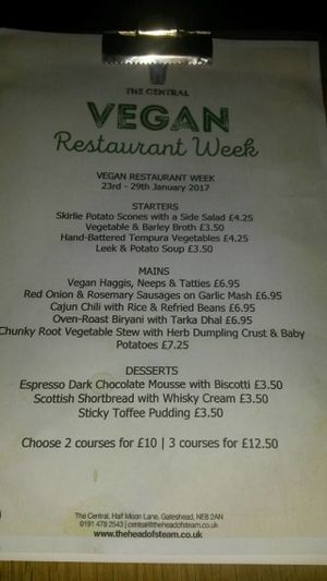 Vegan restaurant week menu at The Central Bar in Gateshead