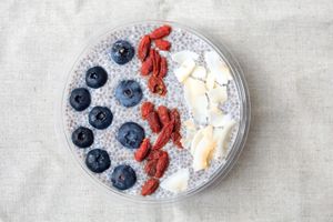 Chia pot with blueberries, goji berries and coconut flakes at Raw Press in South West London