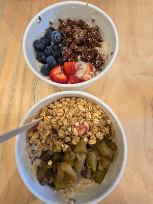 Hot oatmeal bowls with toppings. at Raw Press in South West London