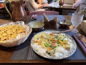 Chickpea bread (ok) and tofu green curry (fantastic)  at Blue Lotus in Vilnius