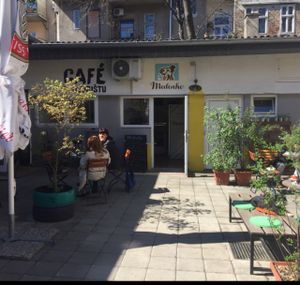 The outside of the cafe. It was a little hard to find because you have to walk through a doorway from the main street, into an alleyway and make a right.  at Slatka Tvornica Medenko in Zagreb