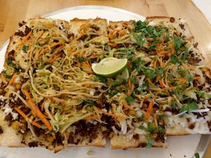 Taco's Modern Life (vegan, chorizo, corn, mozz, radish slaw) at Pie-Sci in Detroit