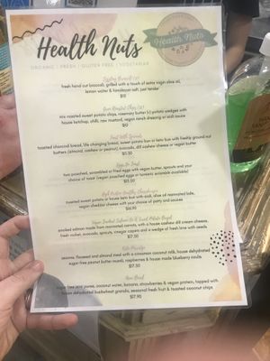 The menu both sides  at Health Nuts Shop & Cafe in Sydney