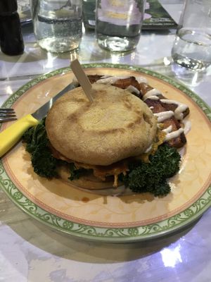 Vegan cheese burger with sides - $20 at Health Nuts Shop & Cafe in Sydney