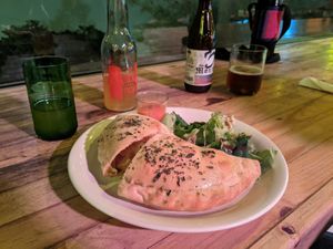Amazing calzone full of cheese, veg, and vegan meat! at Tandana in Quito
