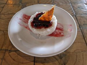 Rice and berry dessert with peanut brittle. So good at Tandana in Quito