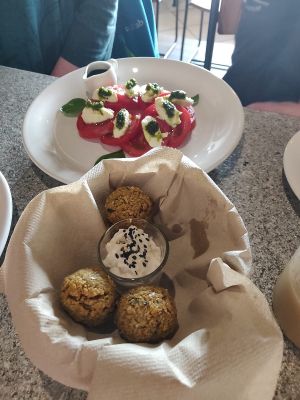 Falafel and tomato salad, the best vegan cheese in Ecuador  at Tandana in Quito