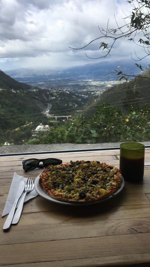 Pizza with tofu, olives and pinapple. One of the best pizzas I have eaten! at Tandana in Quito