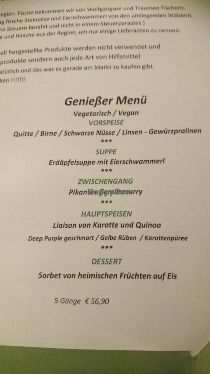 menu at Wohlfuhlhotel Goiserer Muhle in Bad Goisern